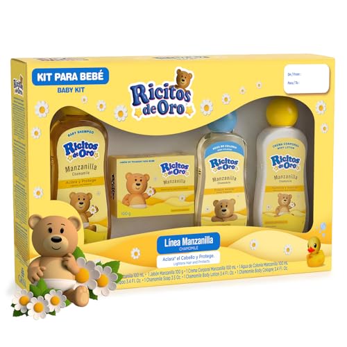 Image of Ricitos de Oro Chamomile Baby Travel Kit – Shampoo, Bar Soap, Body Lotion & Baby Cologne, 4-Piece Baby Essentials Set, Chamomile Baby Care Kit, Travel Size Baby Bath Set