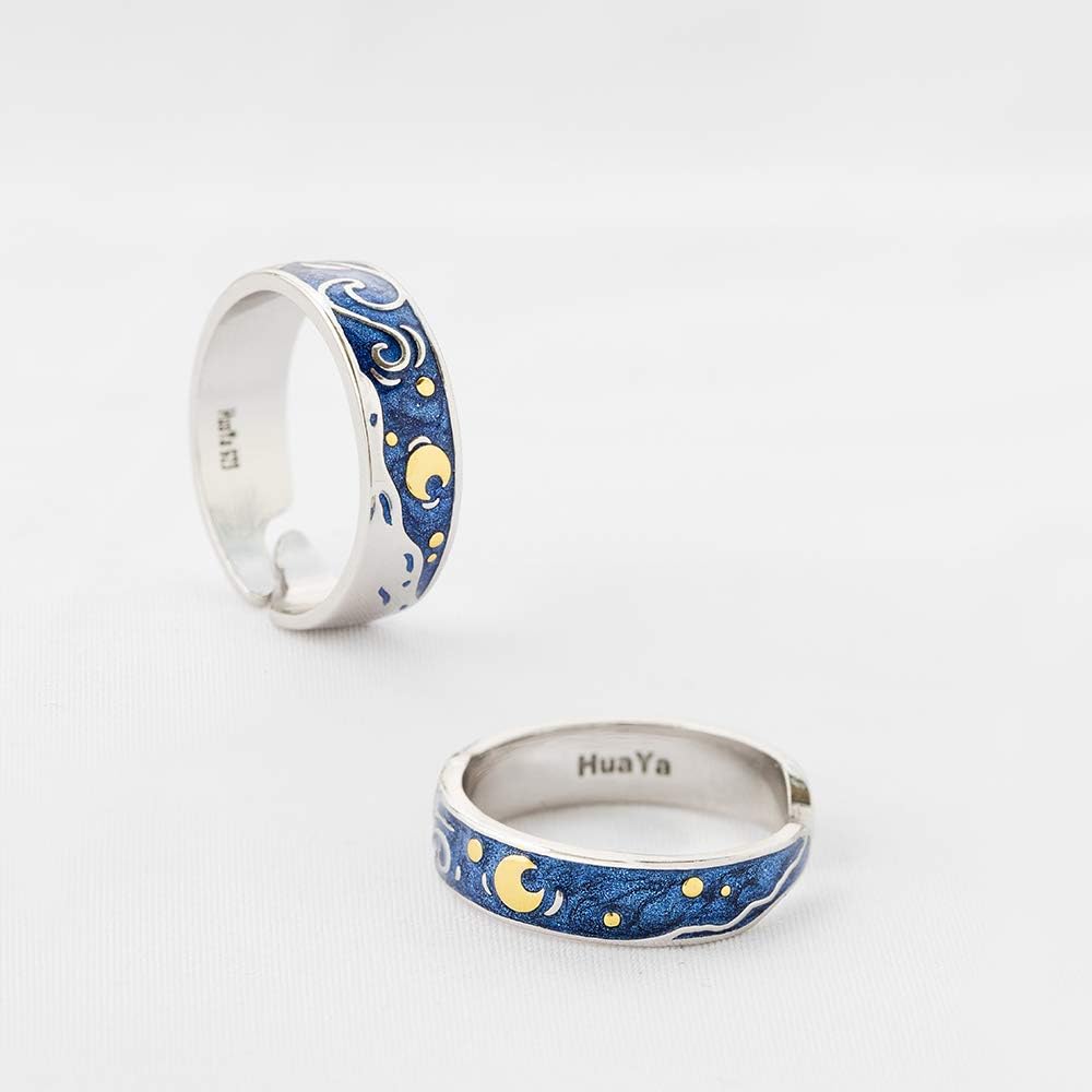 Thaya 925 Sterling Silver Van Gogh's Sky Couple Rings Bright Shining River/Bee Promise Rings Blue Open Band Ring Engagement Romantic Jewelry Ring Size 5-8 Jewelry Gift for Women and Girls