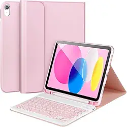 Capa para iPad de 10ª geração com teclado, superfície resistente a manchas, teclado sem fio removível para iPad 10ª geração 10,9 (Rosa)