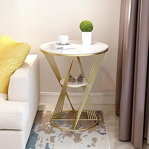 N&C Nice Collection Round Table, Creative Frame Marble Look Side Table Cafe End Table Golden Terrace Coffee Table, Round Side Table in Modern-White Gold