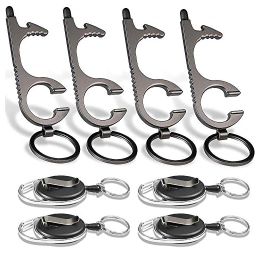 ROSSNY No Touch Door Opener Tool, Contactless Clean Key Door Opener& Bottle Opener with Retractable Carabiner Keychain and Stylus Tip Support Touch Screen for Phone, ATM and Elevators, 4 Pack