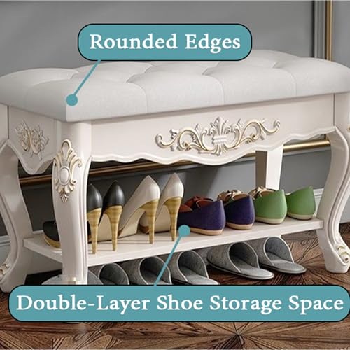 Banc de rangement vintage capitonné avec étagère à chaussures à 2 niveaux