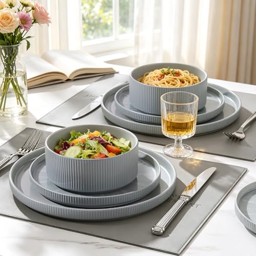 Image of Dinnerware Sets, Ceramic Plates and Bowls Set 12 Piece Dinnerware for 4 Chip Resistant Stoneware with Advanced Inkjet Printing Technology, Dishwasher and Microwave Safe-Smoky Blue
