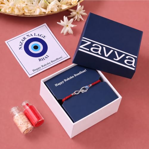 Image of ZAVYA 925 Pure Silver Infinity Bro Mauli Rakhi for Brother | CZ Premium Silver Bracelet for Bhaiya | Rhodium Plated Designer Raksha Bandhan Gift | Rakhi Set with Certificate and Roli Chawal