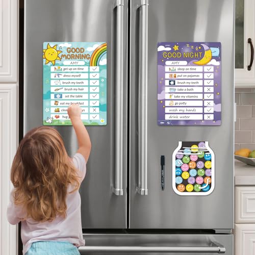 Image of Magnetic Bedtime /Morning Routine Chart &Reward Jar for Kids -Toddler Morning Checklist Board,Daily Reward Routine Chart for Kids,Dry Erase Bedtime Reward Chart,Daily Schedule Chart at Home
