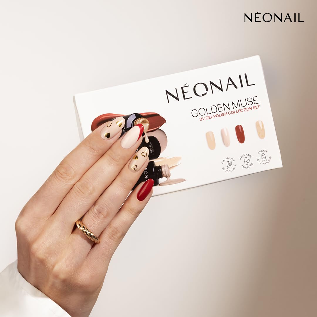 NÉONAIL Zestaw do hybryd: 3x lakier do paznokci 3ml + naklejki Nail Stickers Metallic Gold
