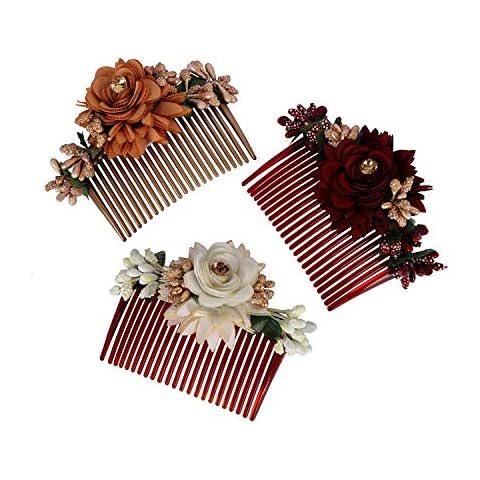 Accessher Multicolor Pack of 3 Acrylic Comb Indo Western Fancy Hair Clip/Side Pin/Comb Pin/Jooda Pin Hair Accessories with Cloth Flower for Women's Hair and Girls Cover