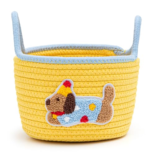 Lianxuia Cute Dog Toy Storage Basket with Handle, Soft Woven Cotton Rope Storage Basket, 12.6 x 8.3in Baby Shower Basket Organizer for Towels, Blanket, Toys, Clothes, Gifts