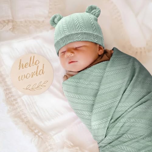 Image of DRESHOW BQUBO Newborn Receiving Blankets for Baby Girl Boy Swaddle with Bear Hat No Scratch Mittens Announcement Card Set for 0-3 Months