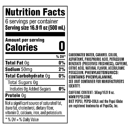 Image of Diet Pepsi Cola Soda Pop, 16.9 Fl Oz Bottles, 6 Pack