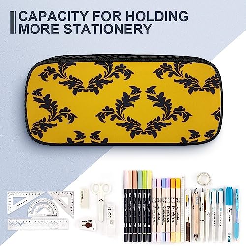 Fionel Yellow-Regal-Filagree-Pattern Pu Leather Quad Pen Case Zipper Pencil Pouch Holder For Pens Case Office Storage Box Organizer Pen Bag(8×1.5×3.5 In) #TOP3