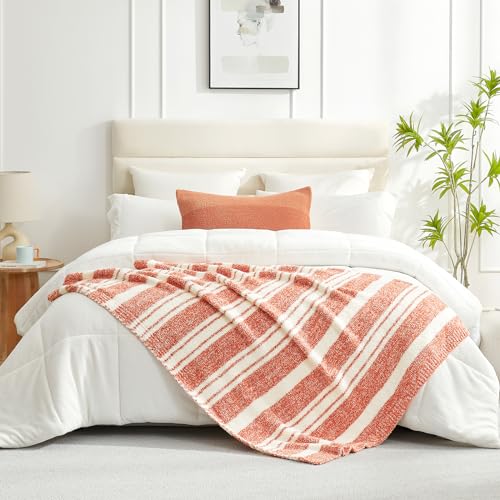 Image of Snuggle Sac Orange Bedding Blanket Ultra Soft Microfiber, Warm Cozy Knit Blankets for Sofa, Bed, Living Room, Stripe Orange, 60x80 inches