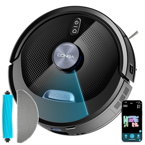 Cecotec Robot Aspirador y Friegasuelos con IA Conga M90 Dark. Navegación Láser, Succión del Motor 25000Pa, Autonomía 240mins, Cepillo Silicona, para Mascotas, Bluetooth y WiFi, Control App