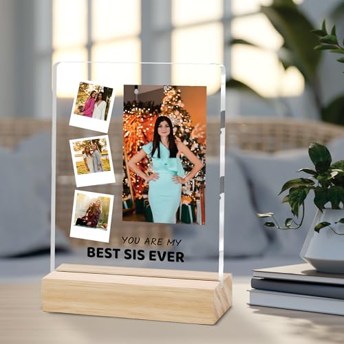 Image of Giftplease Customized Photo Frame with Text & Wooden Stand | Personalised Printed Photo Frame Gift for Sister | Birthday, Tabletop D cor | Customized Photo Gift (6x8 Inches) SIS 08