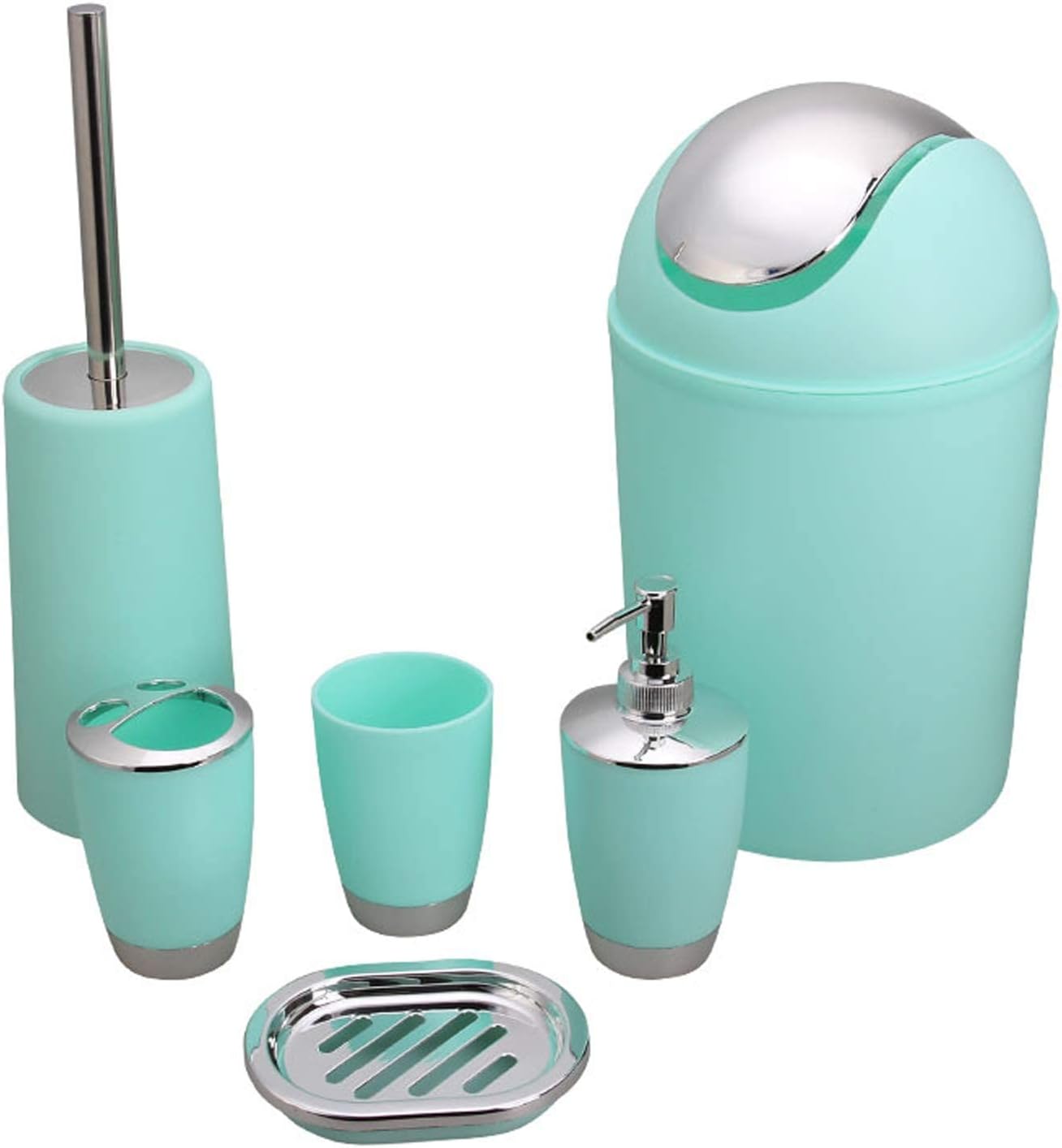 Bathroom Accessories Set 6 Pieces Plastic Bathroom Accessories Toothbrush Holder, Rinse Cup, Soap Dish, Hand Sanitizer Bottle, Waste Bin, Toilet Brush with Holder (Mint Green)