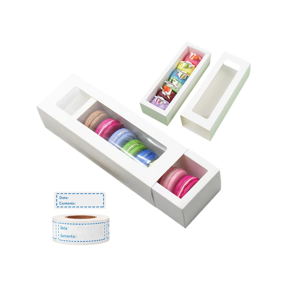 Rikyo White Macaron Boxes for 6 Macarons (Pack of 20) with Clear Window,Macaron Packaging Boxes with 125 Removable Labels,1 x 3 Inch Food Storage Stickers