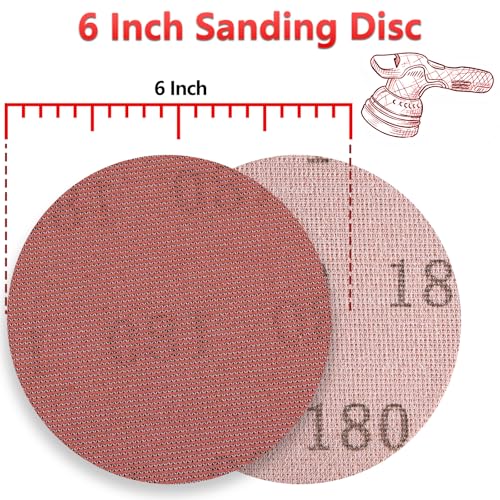 Image of 50 Pcs 6 Inch Mesh Sanding Disc for Random Orbital Sander 180 Grit | Hook and Loop, Anti-Clogging, Dust Free Round Sandpaper for Fine Woodworking, Auto Primer and Paint Prep Surface Refining