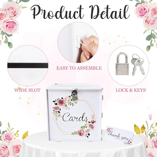 Image of OurWarm PVC White Wedding Card Box with Lock, DIY Gift Card Box for Wedding Reception, Pink Rose Wedding Money Envelope Box for Party Graduation Birthday Baby Shower Decorations