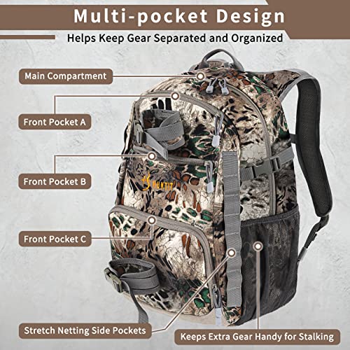 Huntit Hunting Backpack With Waterproof Rain Cover & Rifle Bow Holder, 28L Camo Hunting Day Pack For Bowhunting, Multi-Purpose #TOP2