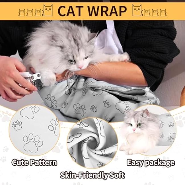 Cat Wrap for Cutting Nails, Self Adhesive Cat Wrap for Nail Clipping, Cat Restraint for Grooming, Cat Swaddle Wrap for Medication, Cat Grooming Wrap for All Cats, Cat Restraint Bag-BhkItAHm