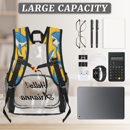 Shark Personalized Small Clear Backpack Heavy Duty for Stadium Approved Custom Blue Shark PVC Transparent Backpack with Name See Through Bag for Concerts3