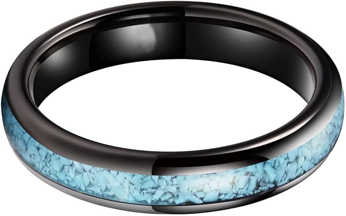 (4mm) Unisex or Women's Tungsten Carbide Wedding Ring Band. Domed Black Tone Ring with Blue Turquoise Granules Inlay.