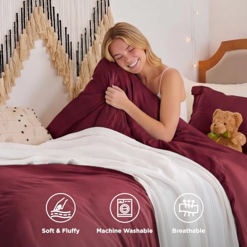 Image of Bedsure Prewashed Twin Duvet Cove, Cotton-Like Bedding Soft Set, Burgundy | Ultra Soft, Relaxed Texture, Twin XL Breathable Comfort, Hidden Zipper, 8 Corner Ties, Easy Care, OEKO-TEX, Year-Round Use