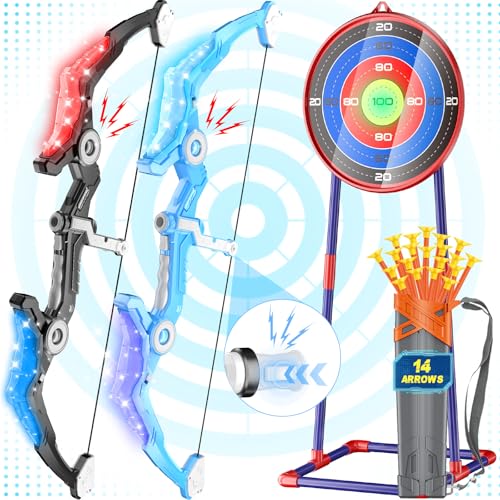 2 Pack Kids Bow and Arrow Set with Sound Effects & LED Flash Lights Achery Set, Indoor Outdoor Toys for Ages 4-8 8-12, Birthday Gifts for 3 4 5 6 7 8...