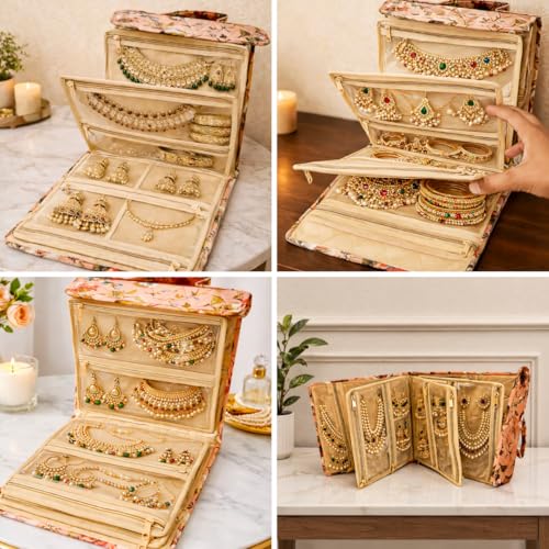 Image of Trendifly Foldable Multipocket Jewellery Organizer Suitcase for Women Embroidery Design Travelling Jewelry Sutcase Bag 5 Transparent Pockets Earrings Necklace Bangles Rings Girls (Flower Orange)