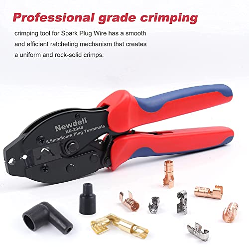 Image of Ratchet Spark Plug Wire Crimper Set, Newdeli 25Pcs Spark Plug Crimping Tool and 180 Degree /90 Degree /Straight Spark Plug Coil Terminals Boots Set for Crimping and Stripping Spark Plug Ignition Wire