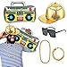 JORAKI Set Kit Déguisement Hip Hop, Kit de Costume Accessoires de Rappeur avec Chapeau Hip Hop, Boîte Radio Gonflable, Chaîne en Or, Bracelet en Or et Lunettes de Soleil for Parties, Rap Concerts