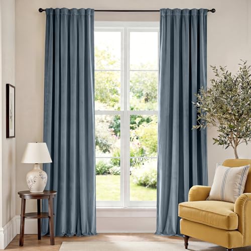 Image of Blackout Dark Slate Velvet Curtains Rod Pocket 52x90 Inch 2 Panels | Soft Velvet, For Bedroom & Living Space, Light Shifting Texture, Elegant Drape, Serene, Fresh