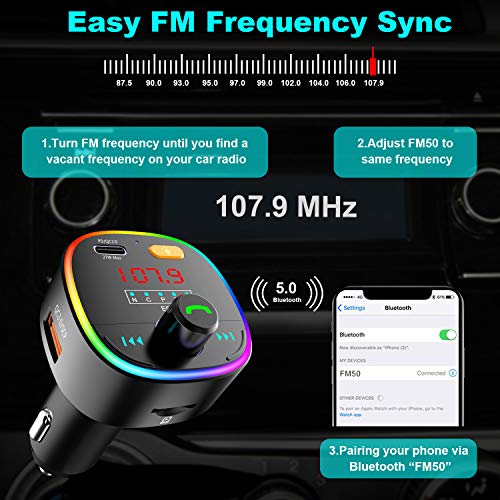 ZEEPORTE Bluetooth FM Transmitter for Car, 10 Colors LED Backlit QC3.0& USB-C PD 27W Quick Charger Wireless Bluetooth Car FM Radio Adapter, MP3 Music Player with EQ Mode, 3 USB Port, TF Card USB Drive