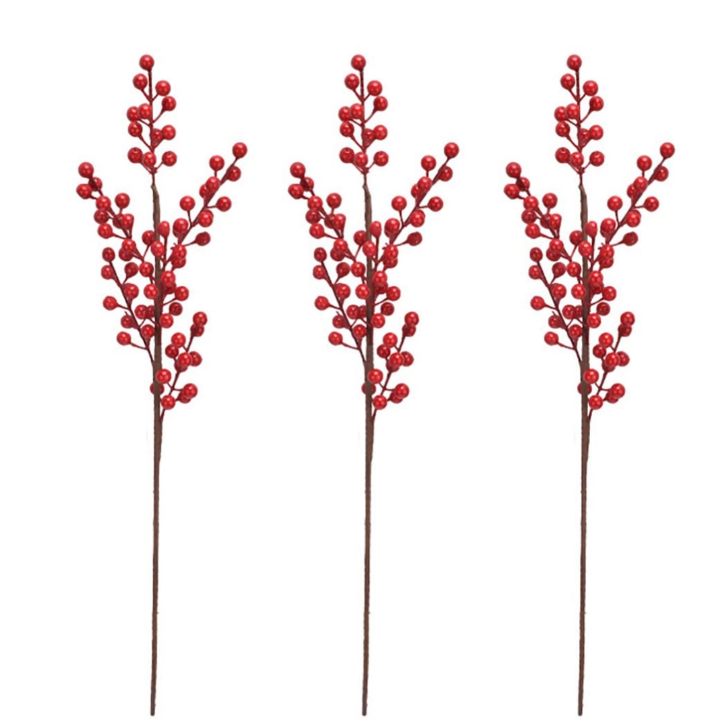 3 STK. Künstliche rote Beerenzweige, Lange Deko, niedlicher Ilex-Beeren-Pick für Zuhause, Kunstbeerenzweig für Blumenstrauß, Hochzeit, Fest, Party und Feier, in verschiedenen Größen