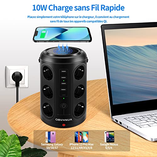 OBVHNUA 18 en 1 Multiprise Electrique 12 Prises 5 Ports USB Tour Multiprise 15W Charge sans Fil Parasurtenseur 2500W/15A Prise Verticale avec Protection Contre Surcharges pour Bureau Maison Cuisine – Image 4