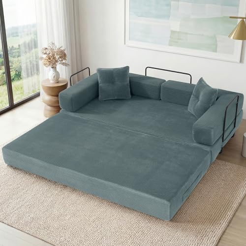 Poblink 78 Inch Convertible Boneless Sleeper Sofa Bed, Modular Foldable Floor Couch, Corduroy Fabric, Memory Foam Filling, Modern Comfy Loveseat for Living Room, Small Spaces, Assembly Free, Grey
