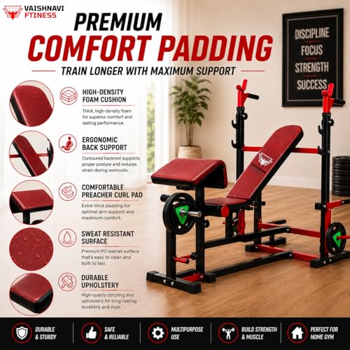 Image of 8-in-1 Adjustable Gym Bench | Bench Press for Home Gym with Preacher Curl & Leg Extension | Foldable, Heavy Duty & Multipurpose Bench for Home Gym, Full Body Workout Equipment
