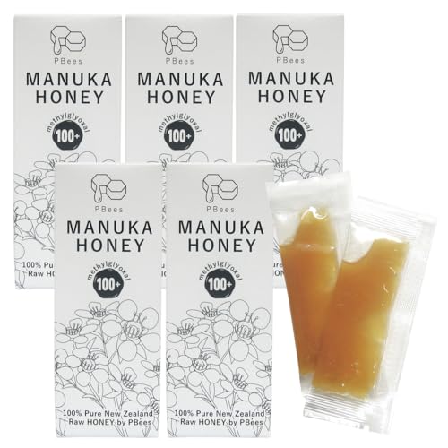 神楽坂PBees Honey Time 5g携帯用マヌカハニー(MGO100+)1箱(5gx5包)x5箱。非加熱・持ち運び用に便利なPBeesオリジナル巾着1枚付き。