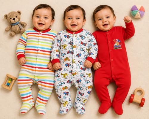 Image of EIO 100% Cotton Rompers /Sleep Suits /Jumpsuit /Night Suits for Baby Boys & Girls, Infants, New Born Pack of 3