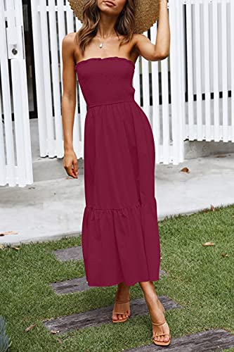 Image of ZESICA Women's Summer Boho Strapless Maxi Dress 2026 Casual Off Shoulder Smocked Flowy A Line Beach Holiday Long Dresses