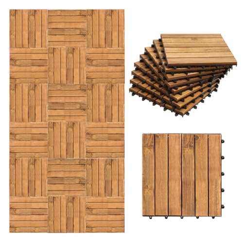 Lot de 11 dalles en bois d'acacia pour balcon et terrasse - 30 x 30 cm - Avec système de drainage - 6 lattes (1 m²) - Revêtement de sol d'extérieur...