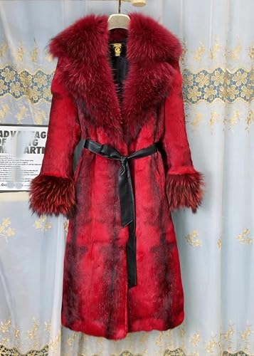 Women's Genuine Rabbit Fur Coat Long Winter Fur Jacket with Fox Fur Collar and Sleeve Cuffs2