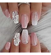 24 Pcs Medium Press on Nails Coffin Fake Nails with Rhinestone Flowers Designs Glossy Full Cover ...