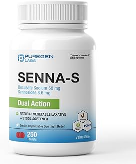 P Puregen Labs "Puregen Labs Senna-S Natural Vegetable Laxative Plus Dual Action Stool Softener - 250 Senna Plus Tablets | Gentle & Reliable Overnight Relief From Constipation