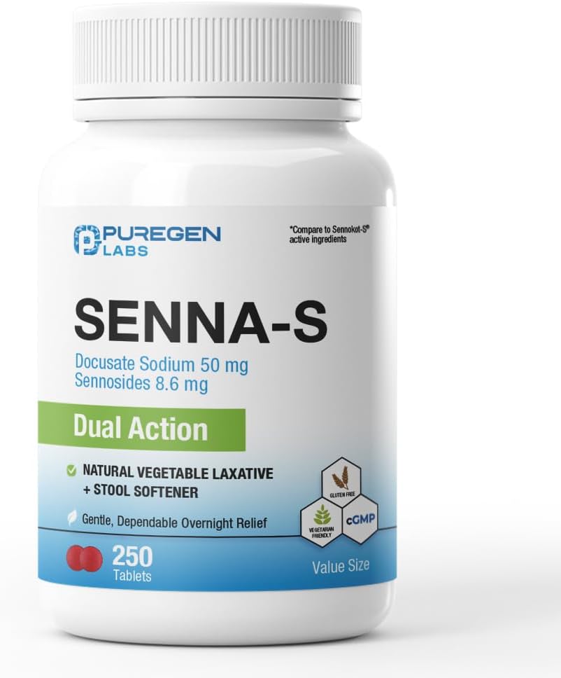 P Puregen Labs "Puregen Labs Senna-S Natural Vegetable Laxative Plus Dual Action Stool Softener - 250 Senna Plus Tablets | Gentle & Reliable Overnight Relief From Constipation