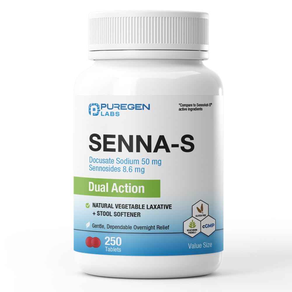Puregen Labs Senna-S Natural Vegetable Laxative Plus Stool Softener Dual Action - 250 Tablets Senna Plus | Gentle Dependable Overnight Relief of Occasional Constipation