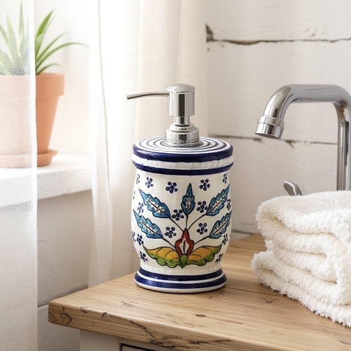 Image of Ceramic Soap Dispenser 330ml (Set of 1) | Multipurpose Lotion, Hand Wash & Liquid Soap Pump Bottle for Bathroom & Kitchen | Hand-Painted Blue & White Flower