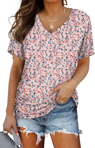 Image of WIHOLL Womens Summer T-Shirts Short Sleeve V Neck Dolman Tops with Side Shirring Loose Fit Shirts Spring Fashion