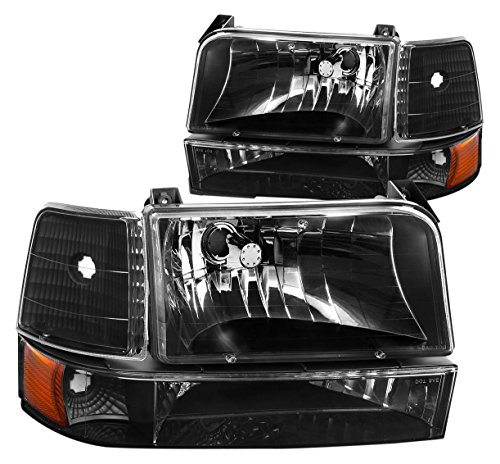 DNA Motoring HL-OH-F15092-6P-BK-AM Black Amber Headlights Replacement Compatible with 92-96 F150 F250 F350 Bronco