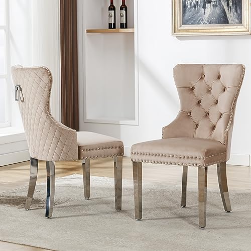 AnYu Furniture Juego de 2 Sillas de Comedor, Sillas Terciopelo con Respaldo Alto, Silla Tapizada con Adornos de Tachuelas, Sillas Cocina con Patas de Metal, Beige